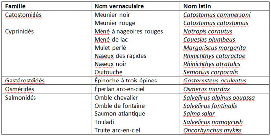 Le nom vernaculaire des espèces est:  Meunier noir, Meunier rouge, Méné à nageoires rouges, Méné de lac, Mulet perlé, Naseux des rapides, Naseux noir, Ouitouche, Épinoche à trois épines, Éperlan arc-en-ciel, Omble chevalier, Omble de fontaine, Saumon atlantique, Touladi et Truite arc-en-ciel